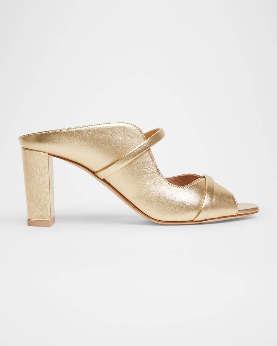 Norah Metallic Leather Two-Band Block Heel Sandals